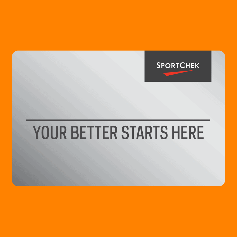 A grey SportChek gift card on an orange background. The gift card reads "Your Better Starts Here".
